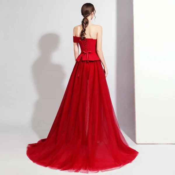 Fashion Burgundy Jumpsuit 2020 Off-The-Shoulder Short Sleeve Bow Sweep Train Backless Evening Dresses