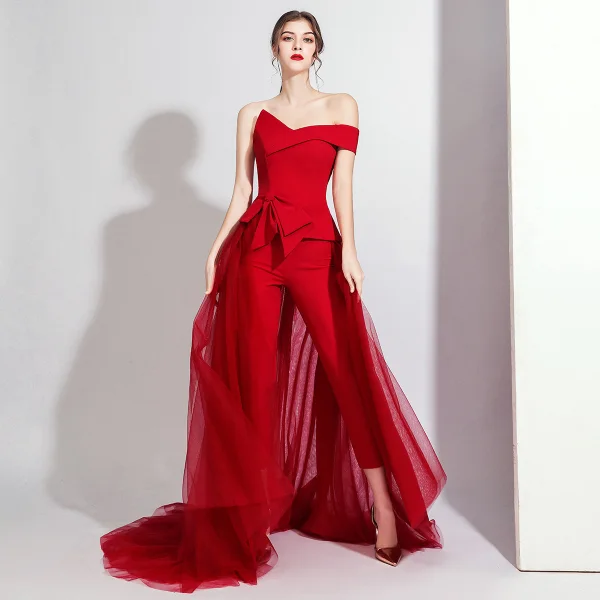 Fashion Burgundy Jumpsuit 2020 Off-The-Shoulder Short Sleeve Bow Sweep Train Backless Evening Dresses