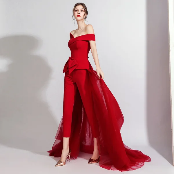 Fashion Burgundy Jumpsuit 2020 Off-The-Shoulder Short Sleeve Bow Sweep Train Backless Evening Dresses