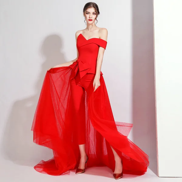 Fashion Burgundy Jumpsuit 2020 Off-The-Shoulder Short Sleeve Bow Sweep Train Backless Evening Dresses