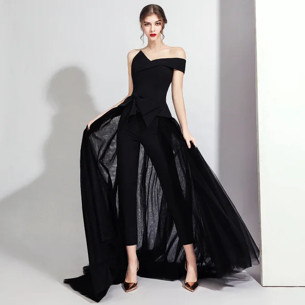 Fashion Burgundy Jumpsuit 2020 Off-The-Shoulder Short Sleeve Bow Sweep Train Backless Evening Dresses
