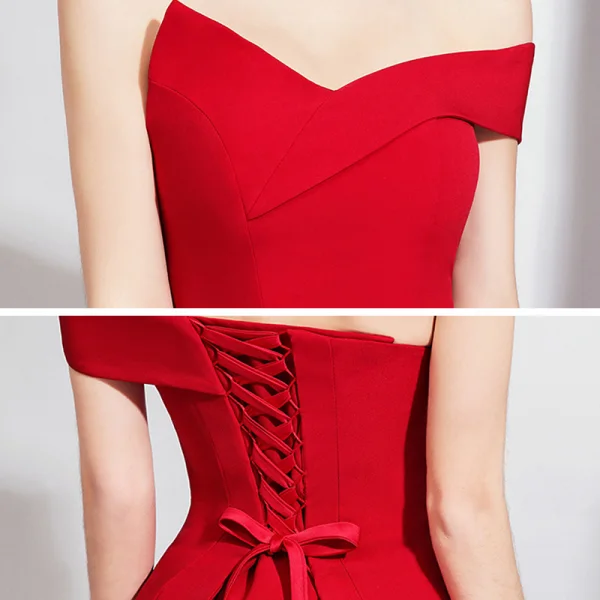 Fashion Burgundy Jumpsuit 2020 Off-The-Shoulder Short Sleeve Bow Sweep Train Backless Evening Dresses