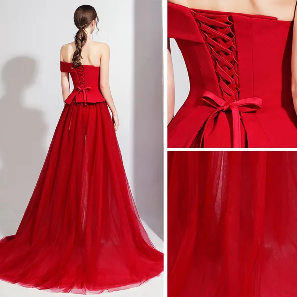 Fashion Burgundy Jumpsuit 2020 Off-The-Shoulder Short Sleeve Bow Sweep Train Backless Evening Dresses