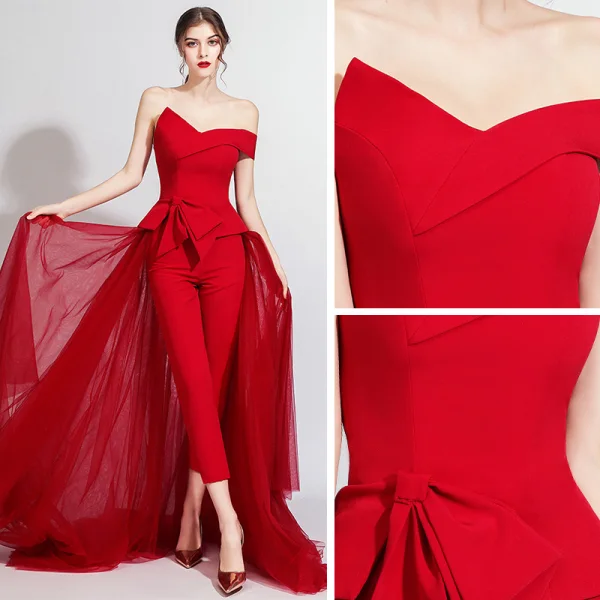 Fashion Burgundy Jumpsuit 2020 Off-The-Shoulder Short Sleeve Bow Sweep Train Backless Evening Dresses