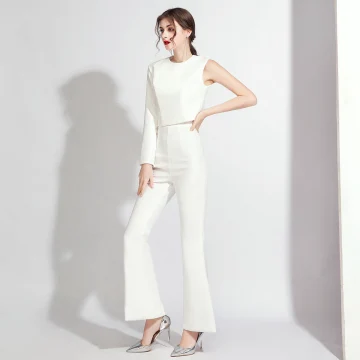 Eenvoudige Witte Jumpsuit 2020 Een Schouder Lange Mouwen Lange Ruglooze Avondjurken