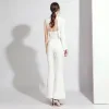 Schlicht Weiß Overall 2020 One-Shoulder Lange Ärmel Lange Rückenfreies Abendkleider