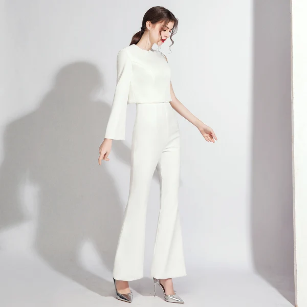 Modest / Simple White Jumpsuit 2020 One-Shoulder Long Sleeve Floor-Length / Long Backless Evening Dresses