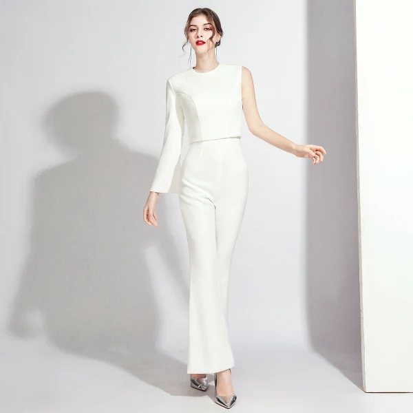 Modest / Simple White Jumpsuit 2020 One-Shoulder Long Sleeve Floor-Length / Long Backless Evening Dresses