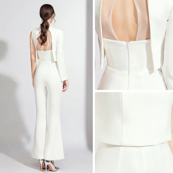 Modest / Simple White Jumpsuit 2020 One-Shoulder Long Sleeve Floor-Length / Long Backless Evening Dresses