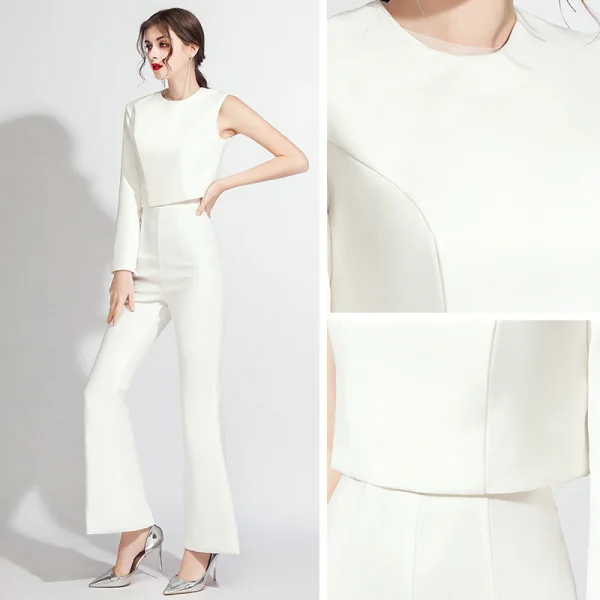 Modest / Simple White Jumpsuit 2020 One-Shoulder Long Sleeve Floor-Length / Long Backless Evening Dresses