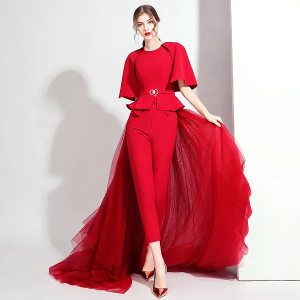 Fashion Burgundy Jumpsuit With Shawl 2020 Scoop Neck Sleeveless Rhinestone Sash Detachable Sweep Train Evening Dresses