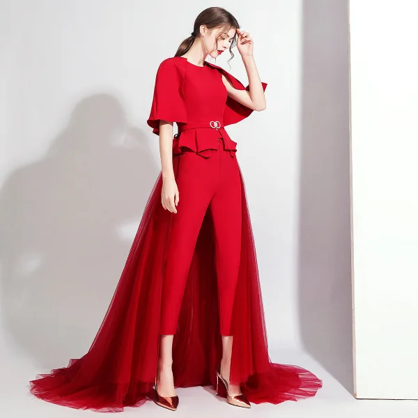 Fashion Burgundy Jumpsuit With Shawl 2020 Scoop Neck Sleeveless Rhinestone Sash Detachable Sweep Train Evening Dresses