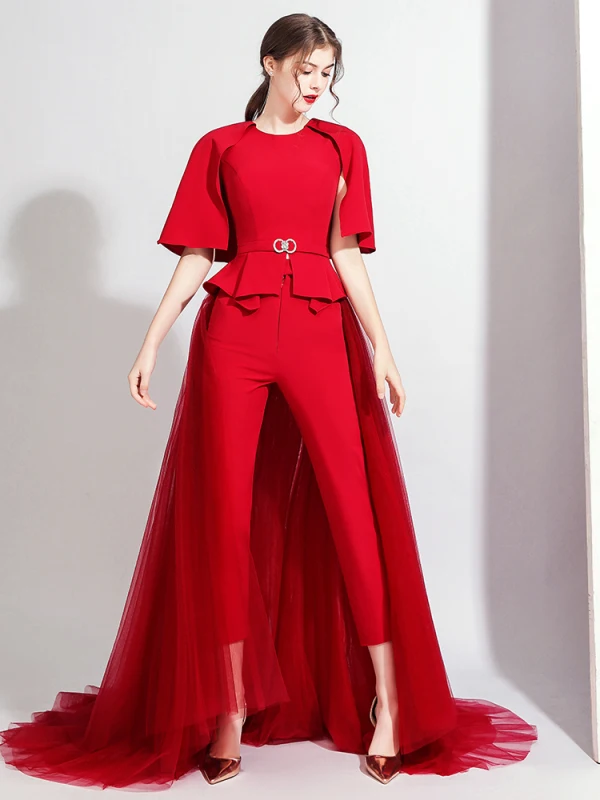 Fashion Burgundy Jumpsuit With Shawl 2020 Scoop Neck Sleeveless Rhinestone Sash Detachable Sweep Train Evening Dresses