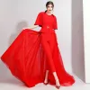 Fashion Burgundy Jumpsuit With Shawl 2020 Scoop Neck Sleeveless Rhinestone Sash Detachable Sweep Train Evening Dresses