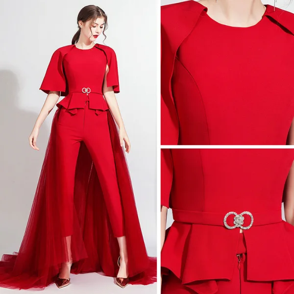 Fashion Burgundy Jumpsuit With Shawl 2020 Scoop Neck Sleeveless Rhinestone Sash Detachable Sweep Train Evening Dresses