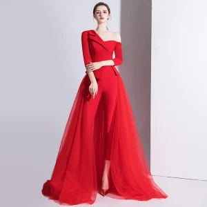 Mode Rouge Combinaison 2020 Une Épaule 3 4 Manches Détachable Train De Balayage Dos Nu Robe De Soirée