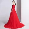 Moda Czerwone Kombinezon 2020 Jedno Ramię 3/4 Rękawy odpinany Trenem Sweep Bez Pleców Sukienki Wieczorowe