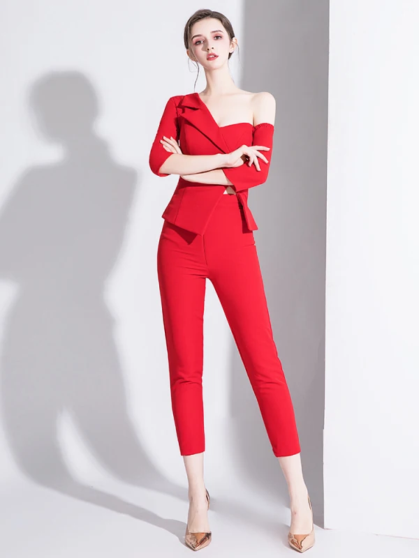 Fashion Red Jumpsuit 2020 One-Shoulder 3/4 Sleeve Detachable Sweep Train Backless Evening Dresses