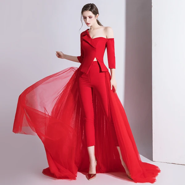 Fashion Red Jumpsuit 2020 One-Shoulder 3/4 Sleeve Detachable Sweep Train Backless Evening Dresses