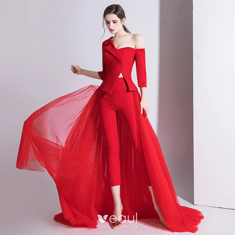 Fashion Red Jumpsuit 2020 One Shoulder 3 4 Sleeve Detachable Sweep Train Backless Evening Dresses