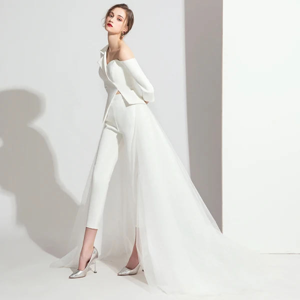 Fashion Red Jumpsuit 2020 One-Shoulder 3/4 Sleeve Detachable Sweep Train Backless Evening Dresses