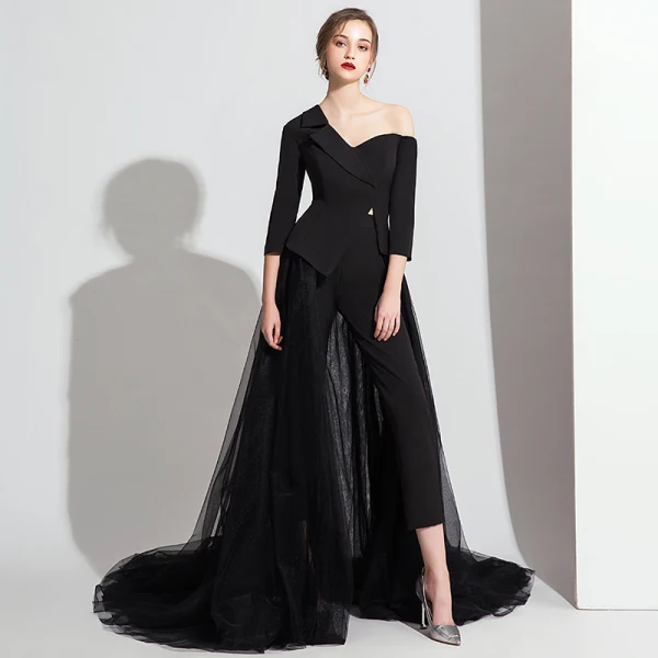 Fashion Red Jumpsuit 2020 One-Shoulder 3/4 Sleeve Detachable Sweep Train Backless Evening Dresses