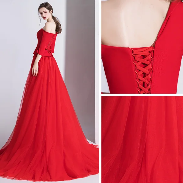 Fashion Red Jumpsuit 2020 One-Shoulder 3/4 Sleeve Detachable Sweep Train Backless Evening Dresses