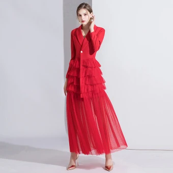 Fashion Red Evening Dresses 2020 A Line Princess V Neck Long Sleeve Floor Length Long Cascading Ruffles Formal Dresses