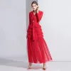 Mode Rot Abendkleider 2020 A Linie V-Ausschnitt Lange Ärmel Lange Fallende Rüsche Festliche Kleider