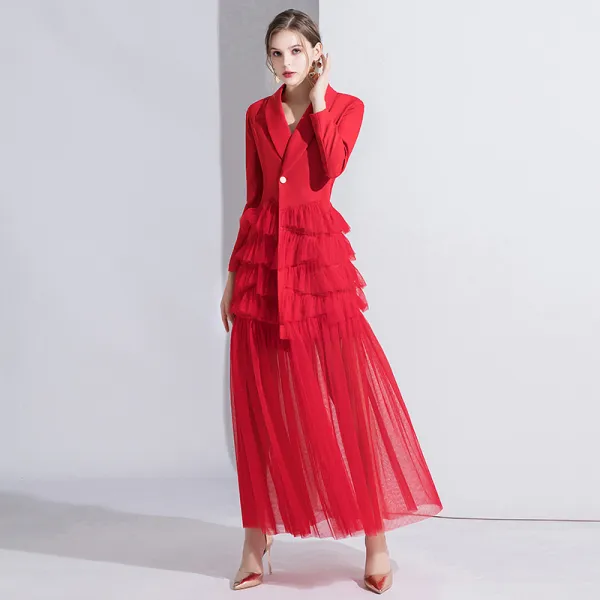 Mode Rot Abendkleider 2020 A Linie V-Ausschnitt Lange Ärmel Lange Fallende Rüsche Festliche Kleider