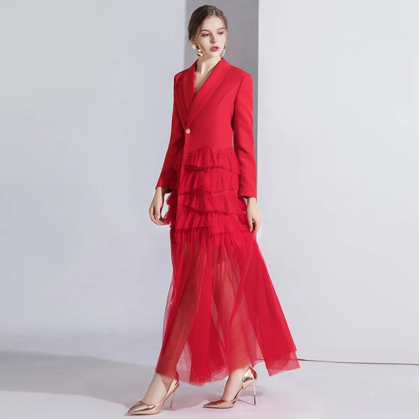 Fashion Red Evening Dresses  2020 A-Line / Princess V-Neck Long Sleeve Floor-Length / Long Cascading Ruffles Formal Dresses