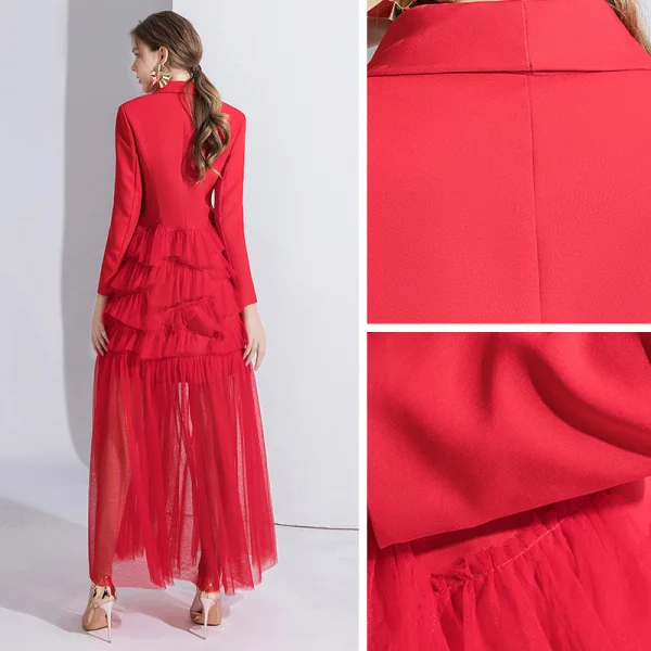 Fashion Red Evening Dresses  2020 A-Line / Princess V-Neck Long Sleeve Floor-Length / Long Cascading Ruffles Formal Dresses