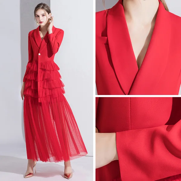 Fashion Red Evening Dresses  2020 A-Line / Princess V-Neck Long Sleeve Floor-Length / Long Cascading Ruffles Formal Dresses