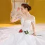 Chic / Belle Blanche La Mariée Robe De Mariée 2020 Robe Boule Transparentes Encolure Dégagée Dos Nu Manches Courtes Perlage Gland Appliques En Dentelle Perle Paillettes Royal Train Volants