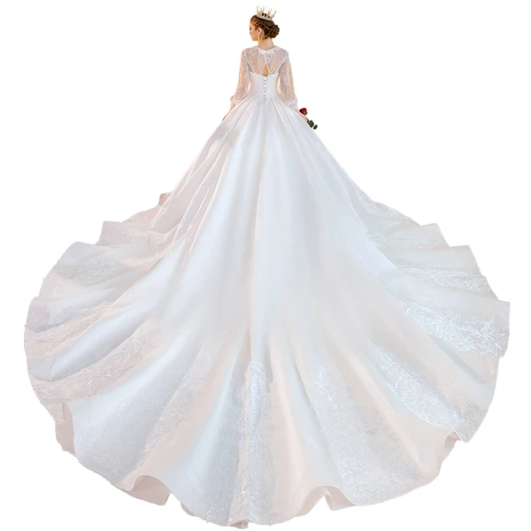 Victorian Style White Satin Bridal Wedding Dresses 2020 Ball Gown Scoop Neck Puffy 3/4 Sleeve Backless Appliques Lace Beading Cathedral Train