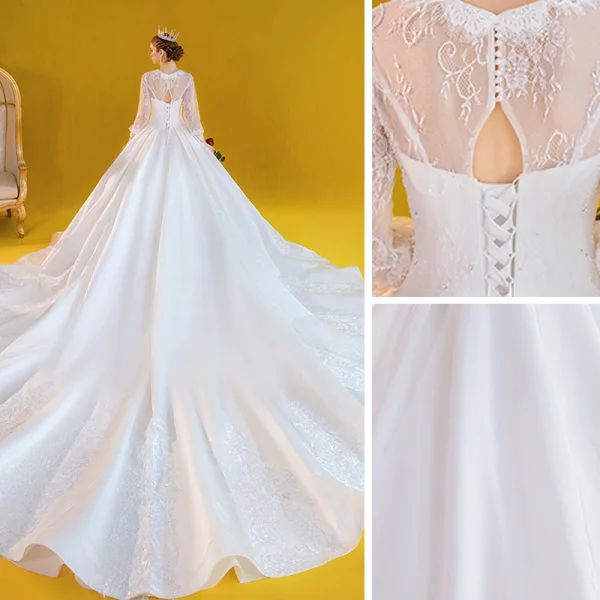 Victorian Style White Satin Bridal Wedding Dresses 2020 Ball Gown Scoop Neck Puffy 3/4 Sleeve Backless Appliques Lace Beading Cathedral Train
