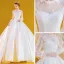 Victorian Style White Satin Bridal Wedding Dresses 2020 Ball Gown Scoop Neck Puffy 3/4 Sleeve Backless Appliques Lace Beading Cathedral Train