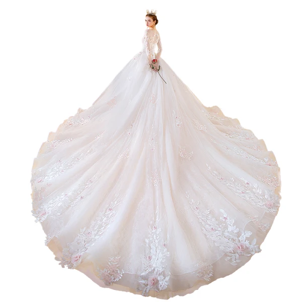 Romantisk Vita Brud Bröllopsklänningar 2020 Balklänning V-Hals 3/4 ärm Halterneck Appliqués Spets Blomma Beading Cathedral Train