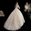 Chic / Belle Champagne La Mariée Robe De Mariée 2020 Robe Boule Transparentes Encolure Dégagée 3/4 Manches Dos Nu Appliques Perlage Train De Balayage Volants