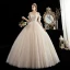 Chic / Belle Champagne La Mariée Robe De Mariée 2020 Robe Boule Transparentes Encolure Dégagée 3/4 Manches Dos Nu Appliques Perlage Train De Balayage Volants