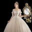 Chic / Belle Champagne La Mariée Robe De Mariée 2020 Robe Boule Transparentes Encolure Dégagée 3/4 Manches Dos Nu Appliques Perlage Train De Balayage Volants