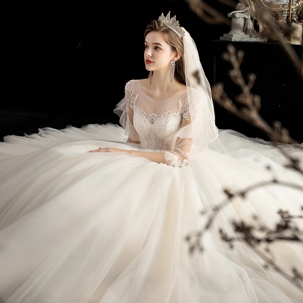 Chic / Belle Champagne La Mariée Robe De Mariée 2020 Robe Boule Transparentes Encolure Dégagée 3/4 Manches Dos Nu Appliques Perlage Train De Balayage Volants