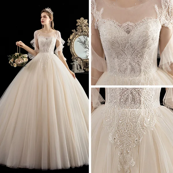 Chic / Belle Champagne La Mariée Robe De Mariée 2020 Robe Boule Transparentes Encolure Dégagée 3/4 Manches Dos Nu Appliques Perlage Train De Balayage Volants