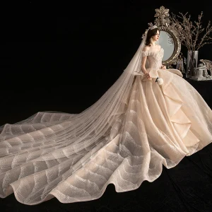 Luxe Champagne La Mariée Robe De Mariée 2020 Robe Boule De L 039 Épaule Manches Courtes Dos Nu Glitter Tulle Perlage Appliques En Dentelle Royal Train Volants