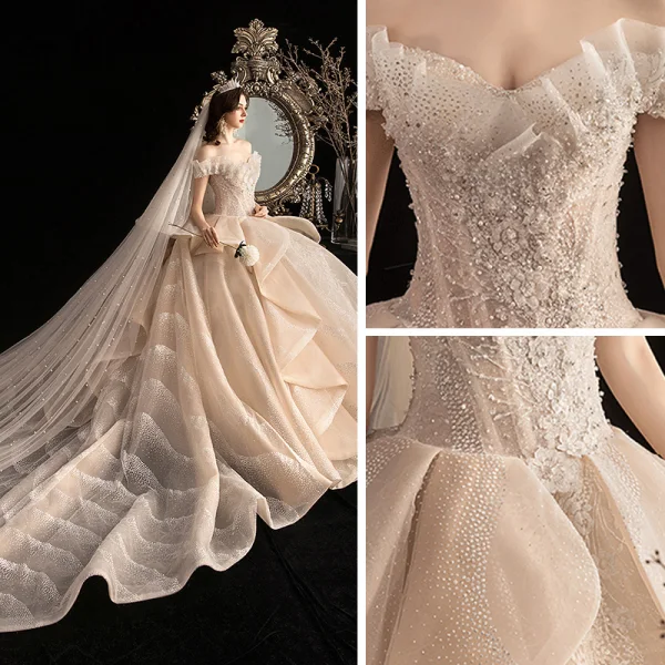 Luxe Champagne La Mariée Robe De Mariée 2020 Robe Boule De l'épaule Manches Courtes Dos Nu Glitter Tulle Perlage Appliques En Dentelle Royal Train Volants