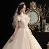 Elegant Champagne Wedding Dresses 2020 Ball Gown See-through Scoop Neck Bow Short Sleeve Backless Beading Tassel Glitter Tulle Floor-Length / Long Ruffle