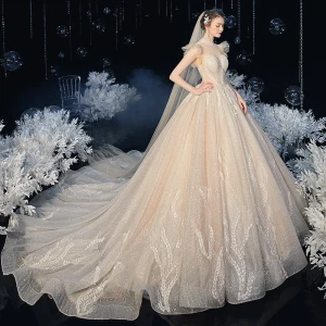 Vintage Champagne Brud Bröllopsklänningar 2020 Balklänning Genomskinliga Hög Hals Ärmlös Halterneck Appliqués Spets Beading Pärla Glittriga Glitter Tyll Cathedral Train Ruffle