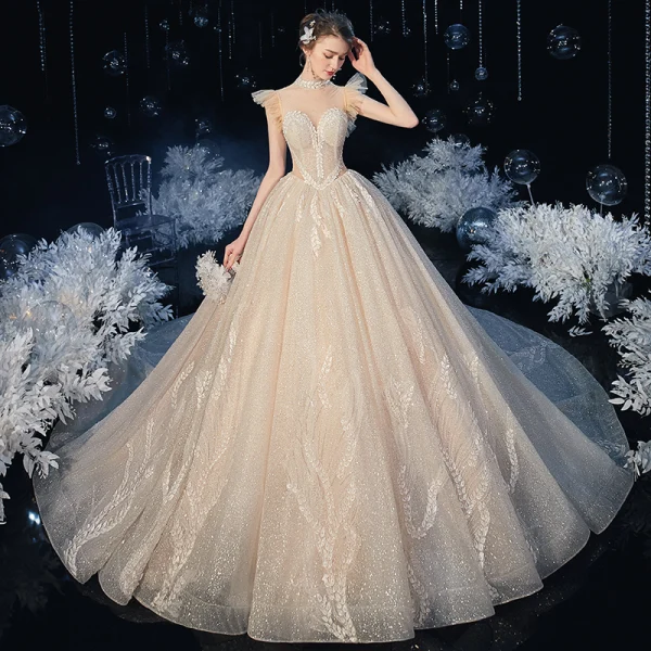 Vintage / Retro Champagne Bridal Wedding Dresses 2020 Ball Gown See-through High Neck Sleeveless Backless Appliques Lace Beading Pearl Glitter Tulle Cathedral Train Ruffle