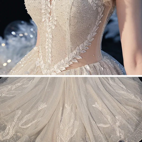Vintage / Retro Champagne Bridal Wedding Dresses 2020 Ball Gown See-through High Neck Sleeveless Backless Appliques Lace Beading Pearl Glitter Tulle Cathedral Train Ruffle