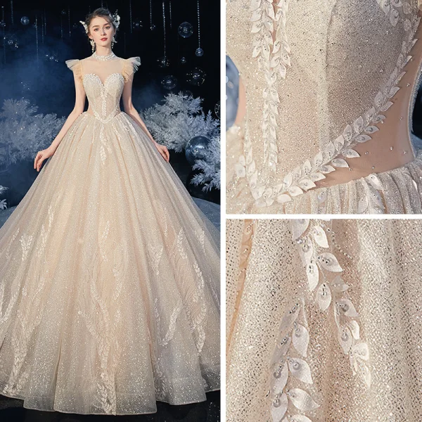 Vintage / Retro Champagne Bridal Wedding Dresses 2020 Ball Gown See-through High Neck Sleeveless Backless Appliques Lace Beading Pearl Glitter Tulle Cathedral Train Ruffle